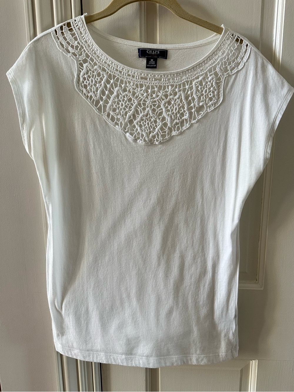 Women's White Crochet Yoke Cap Sleeve Top